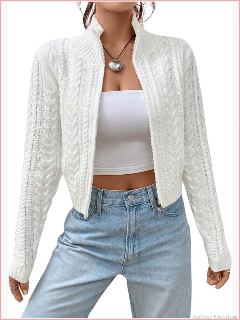 Cropped Cable Knit Zip Up Cardigan Jacket Long Sleeve Y2k Fall Sweater